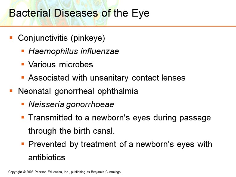 Bacterial Diseases of the Eye Conjunctivitis (pinkeye) Haemophilus influenzae Various microbes Associated with unsanitary